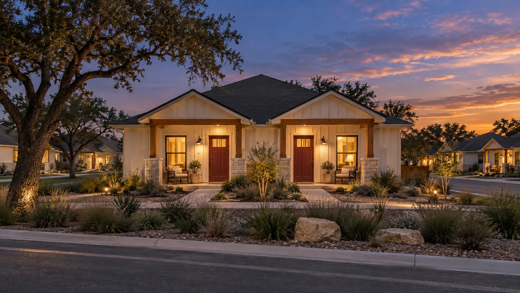 Proposed Hill Country duplex exterior with limestone accents, timber porches and warm evening lighting