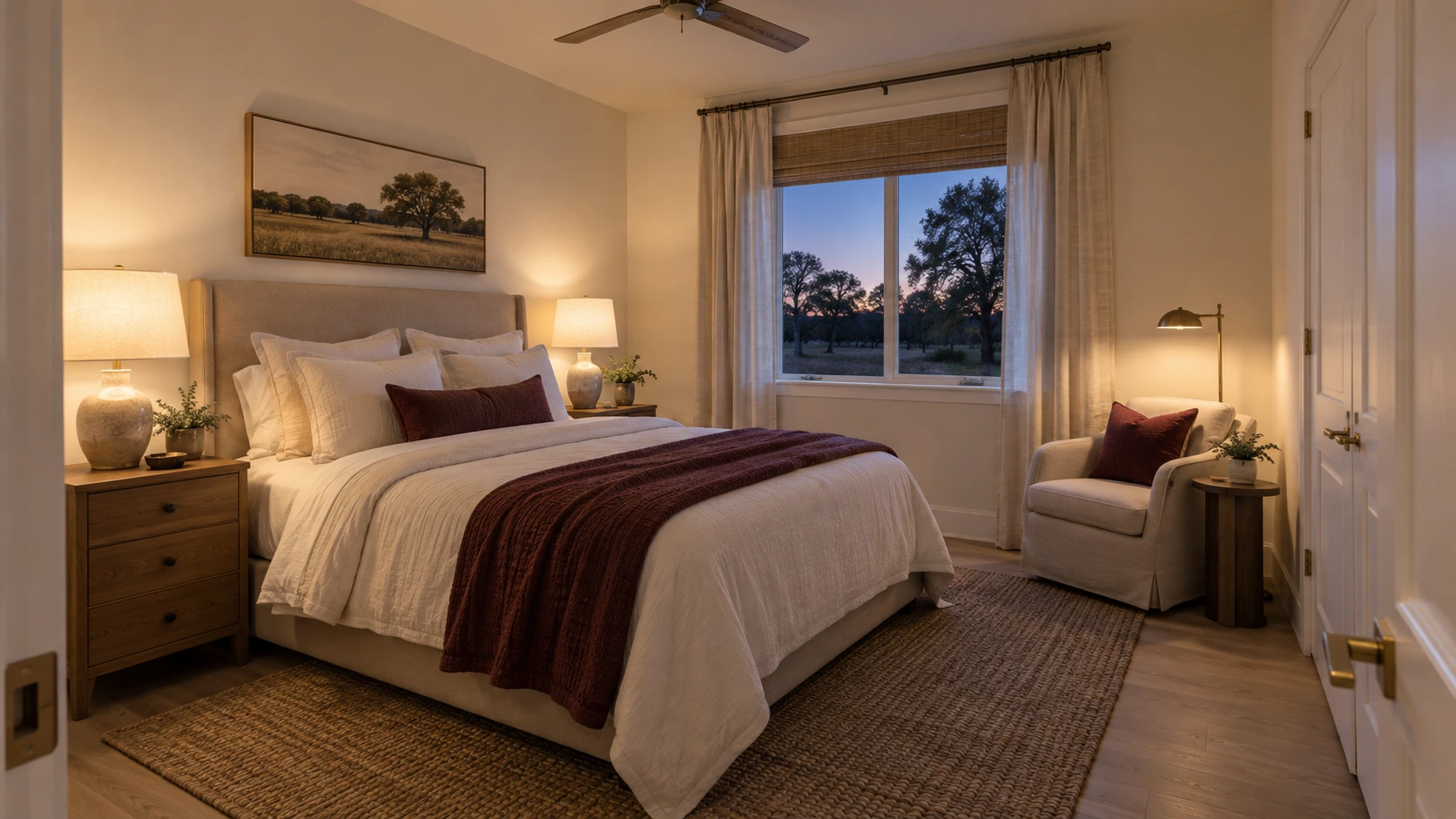 Evening bedroom concept with warm lamps and a reading chair