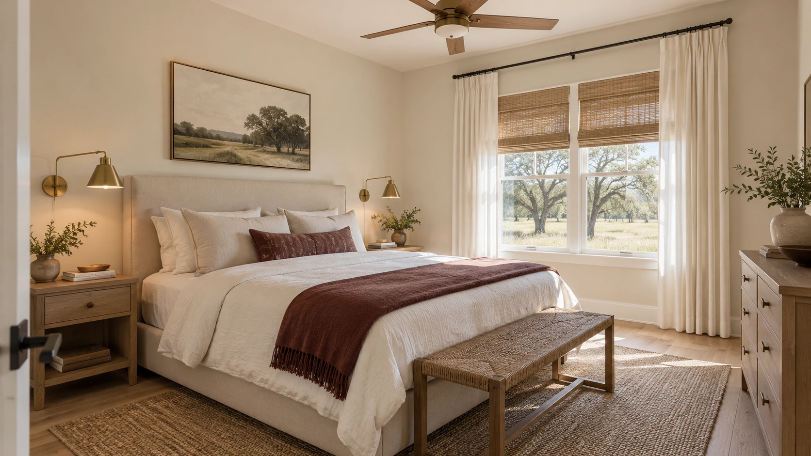 Primary bedroom concept with linen bedding, oak nightstands and a burgundy throw